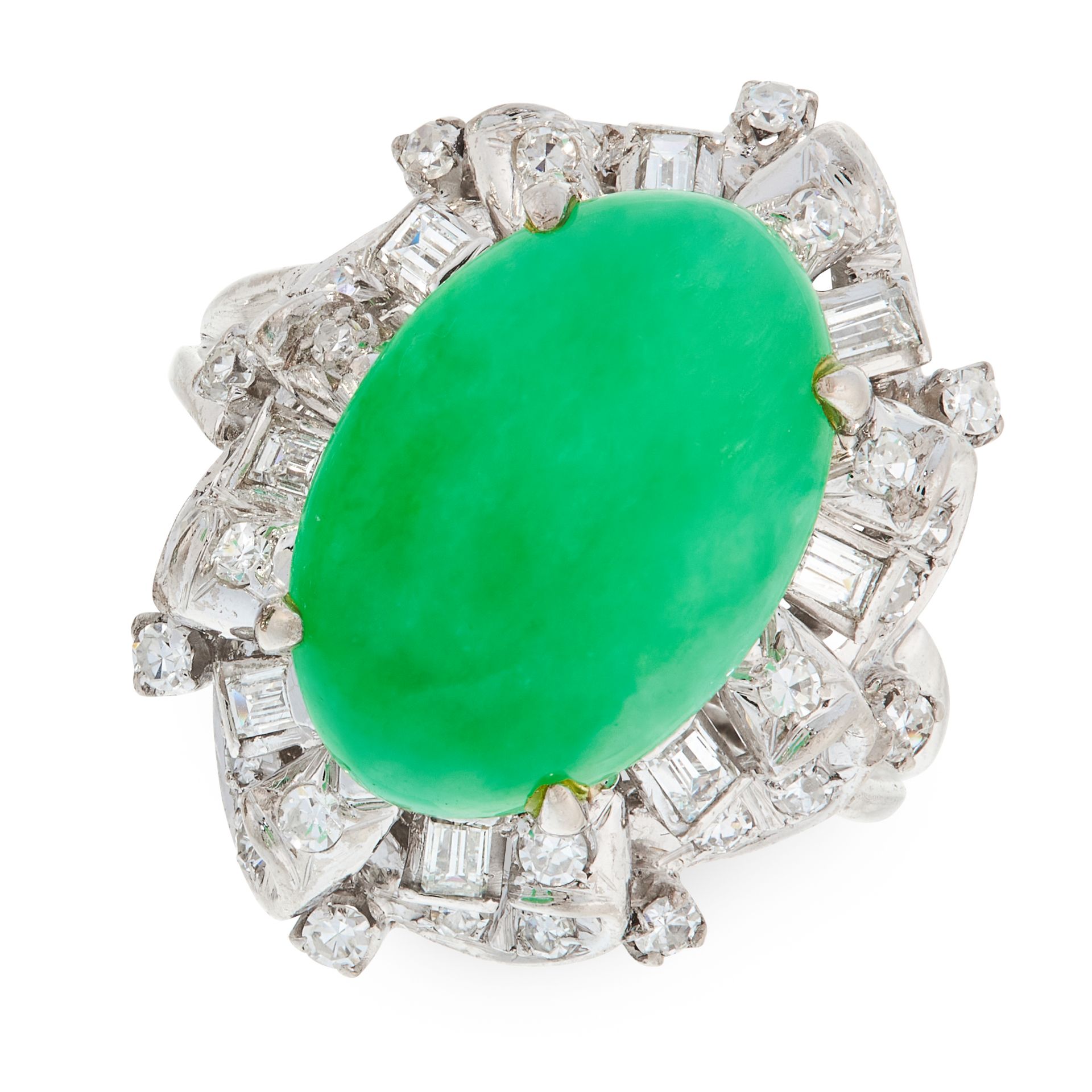 A NATURAL JADEITE JADE AND DIAMOND CLUSTER RING in 18ct white gold, set with a cabochon jadeite jade