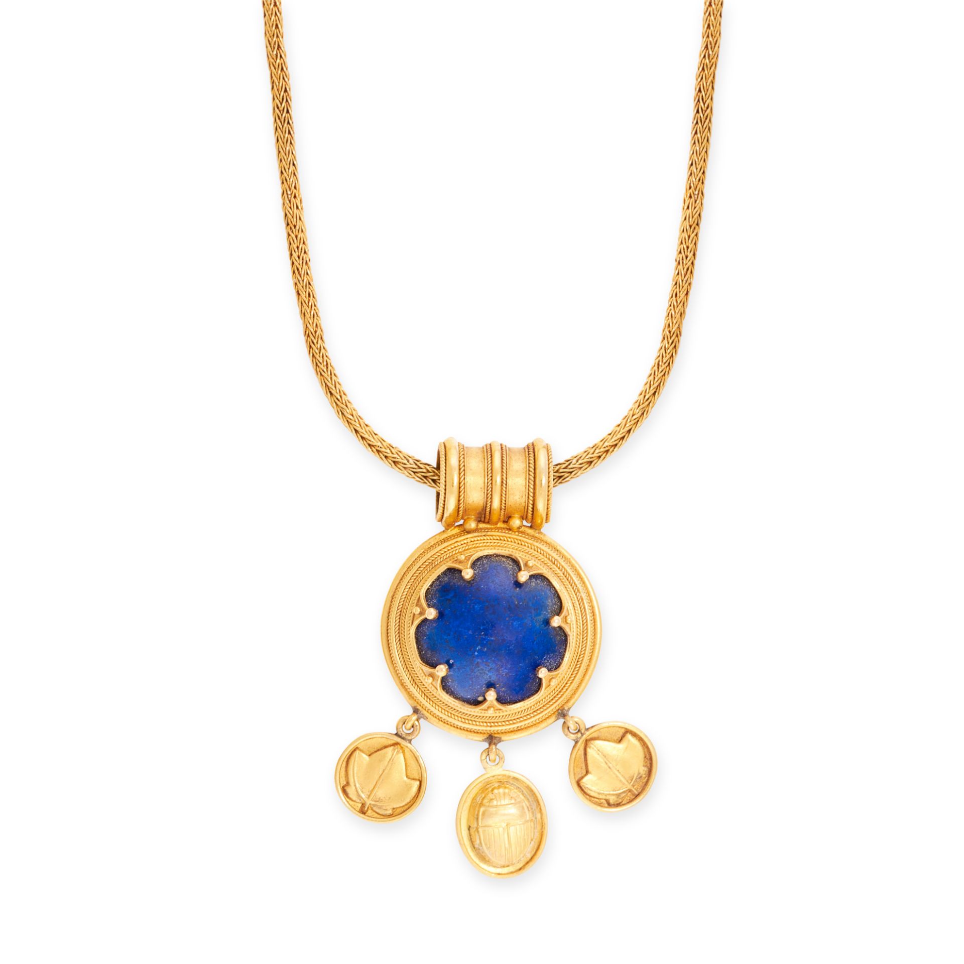 AN ANTIQUE LAPIS LAZULI MOURNING LOCKET PENDANT AND CHAIN, 19TH CENTURY in high carat yellow gold,