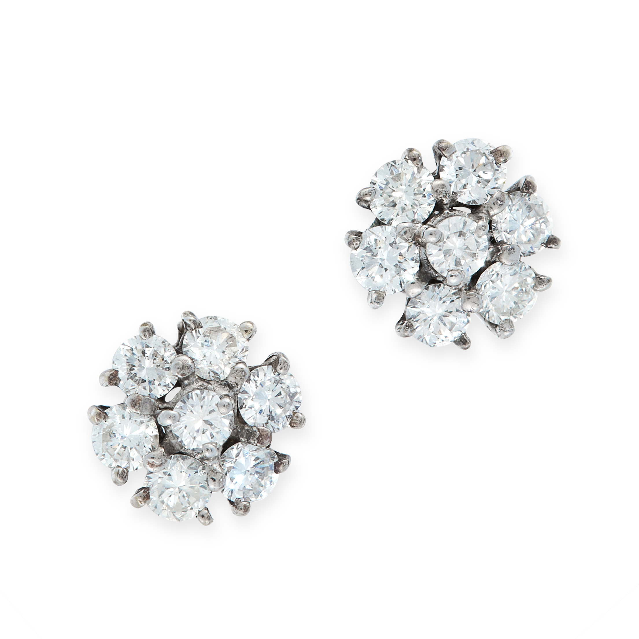 A PAIR OF DIAMOND CLUSTER STUD EARRINGS in 18ct white gold, each set with a cluster of seven round