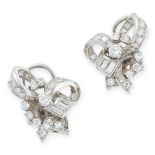 A PAIR OF VINTAGE DIAMOND CLIP EARRINGS in 18ct white gold, each deigned as a ribbon tied in a