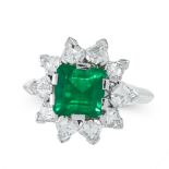 AN EMERALD AND DIAMOND DRESS RING in 18ct white gold, set with an emerald cut emerald of 1.64