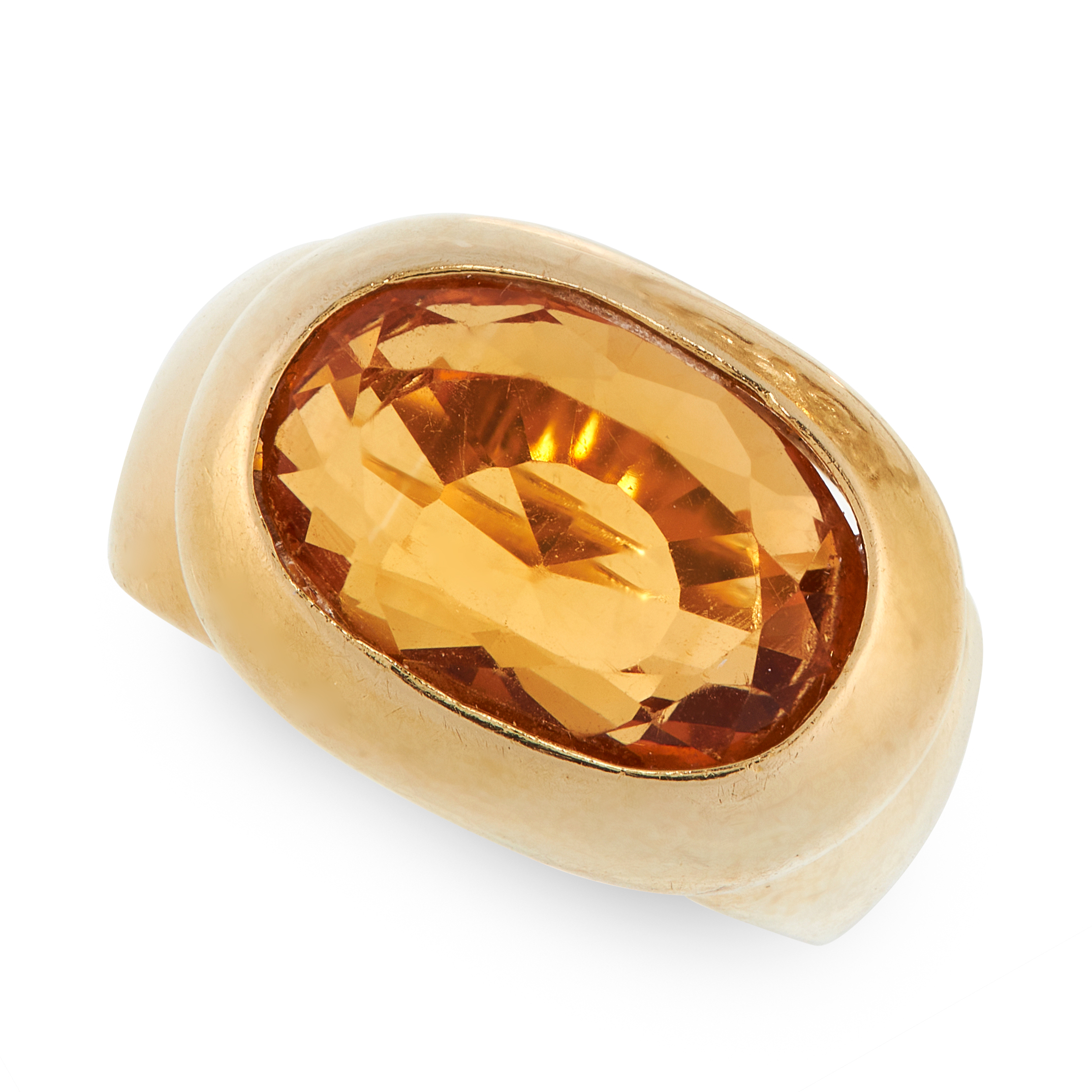 A VINTAGE CITRINE DRESS RING in 18ct yellow gold, the band set with an oval cut citrine of 8.06