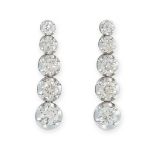 A PAIR OF DIAMOND DROP EARRINGS in 18ct white gold, each designed as a row of five graduated round