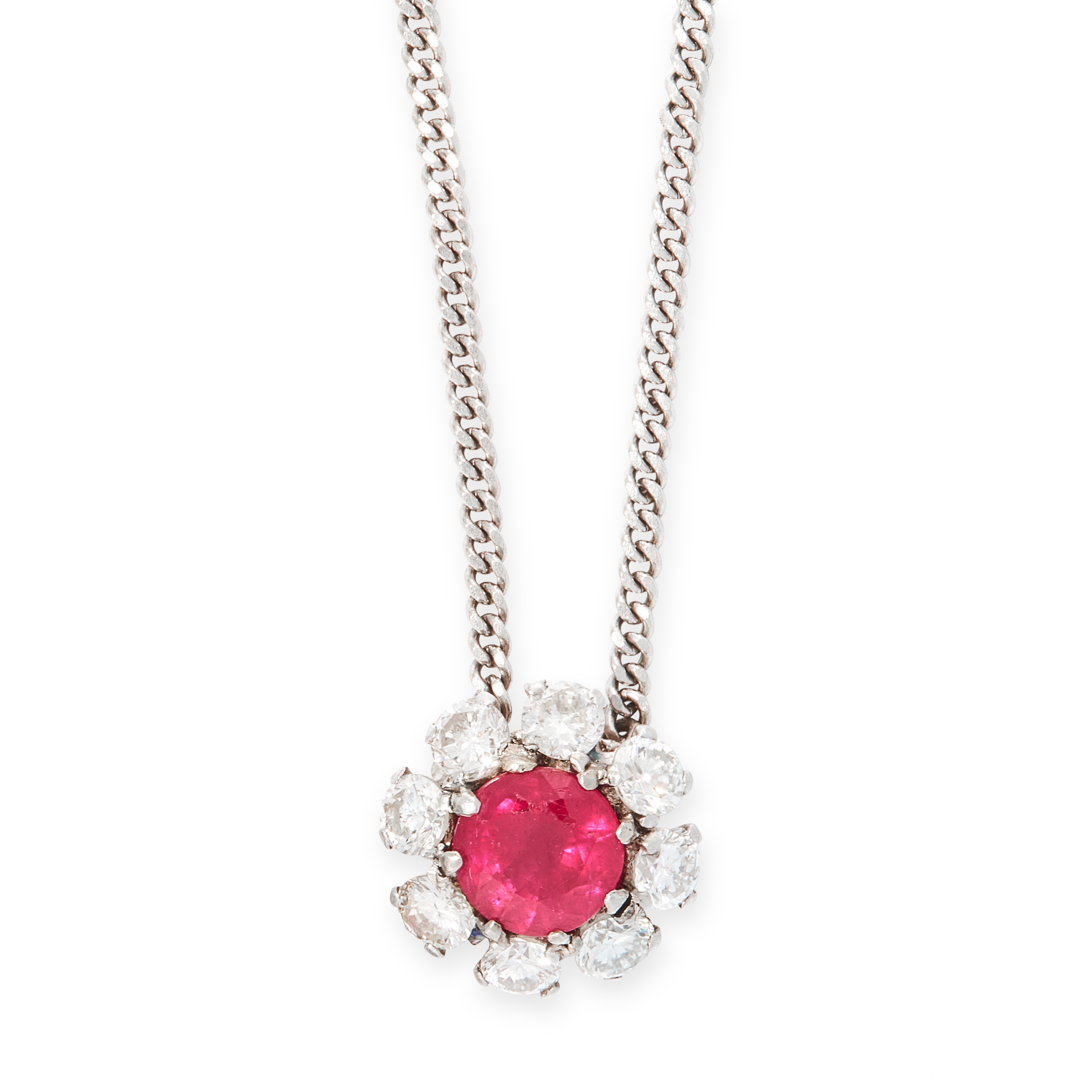A RUBY AND DIAMOND PENDANT NECKLACE in 18ct white gold, set with a round cut ruby of 1.22 carats