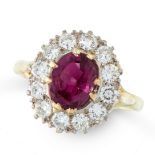 AN UNHEATED RUBY AND DIAMOND DRESS RING in 18ct yellow gold, set with a cushion cut ruby of 1.84