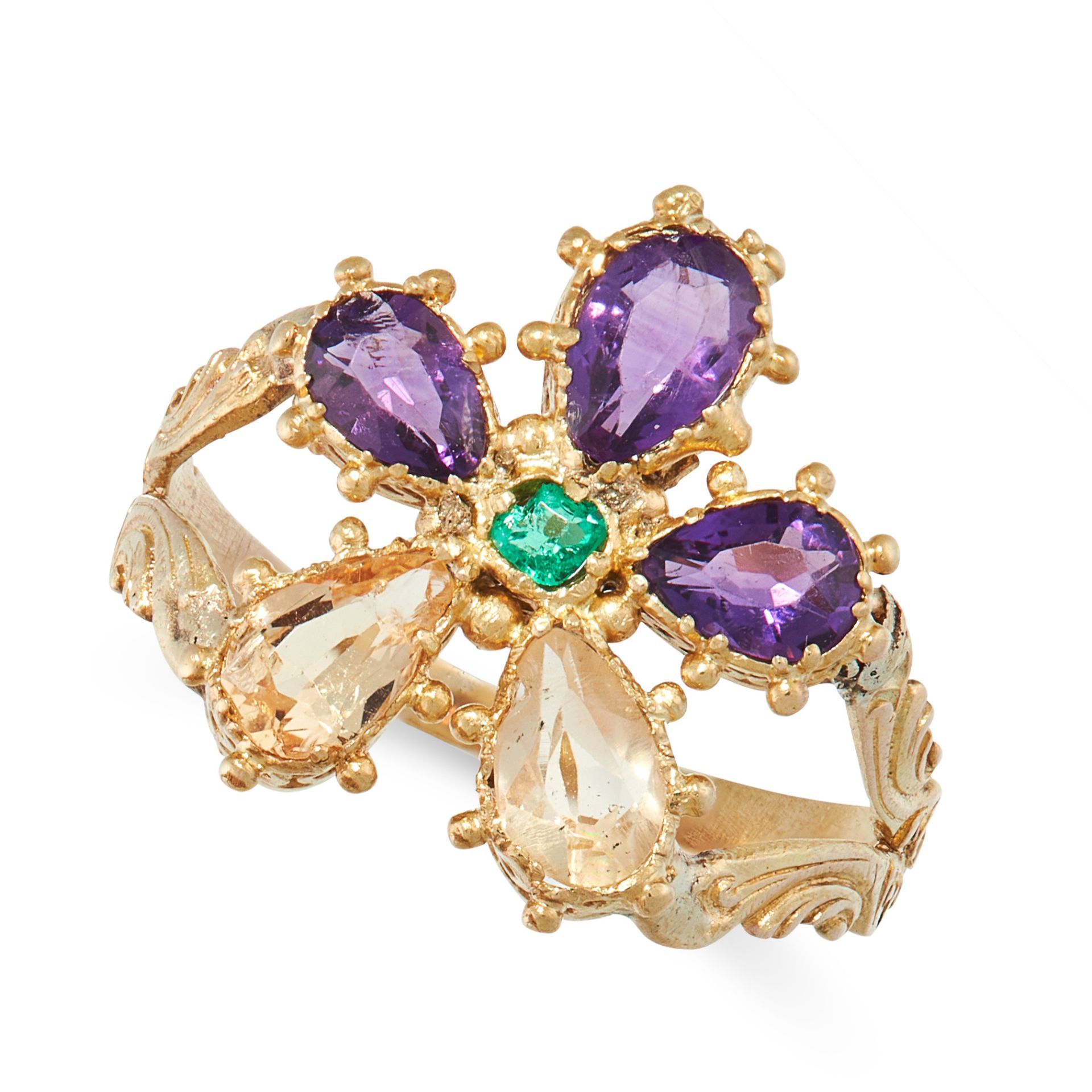 AN ANTIQUE IMPERIAL TOPAZ, AMETHYST AND EMERALD DRESS RING, 19TH CENTURY in yellow gold, set with