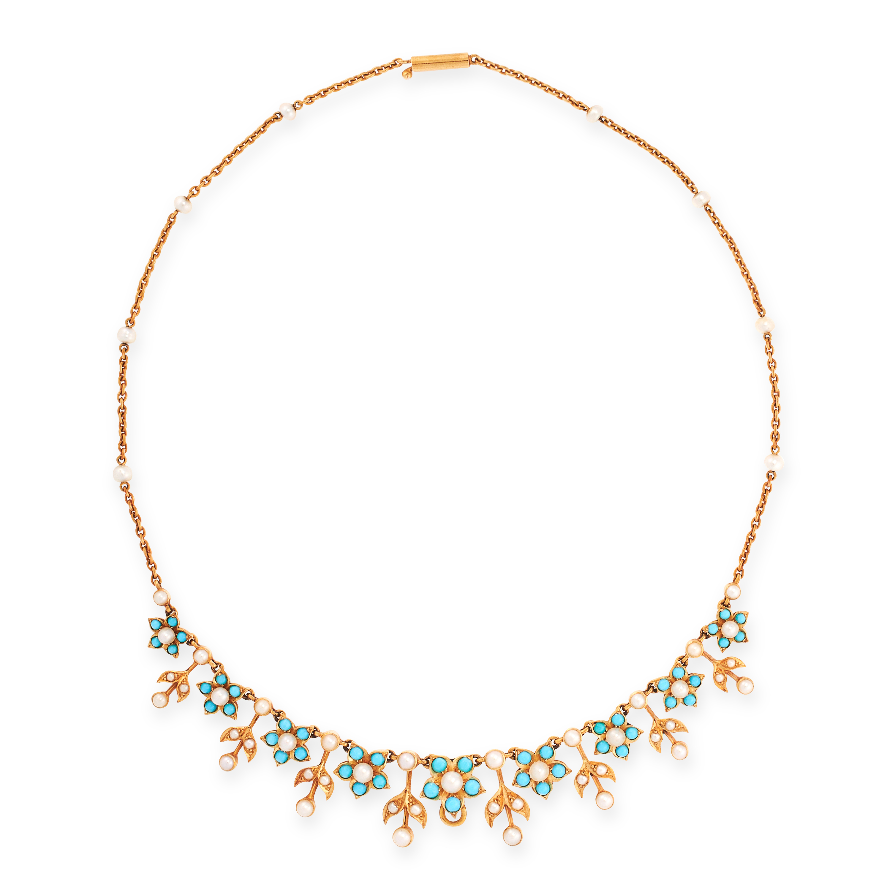 AN ANTIQUE TURQUOISE AND PEARL NECKLACE, 19TH CENTURY in yellow gold, formed of a series of flower