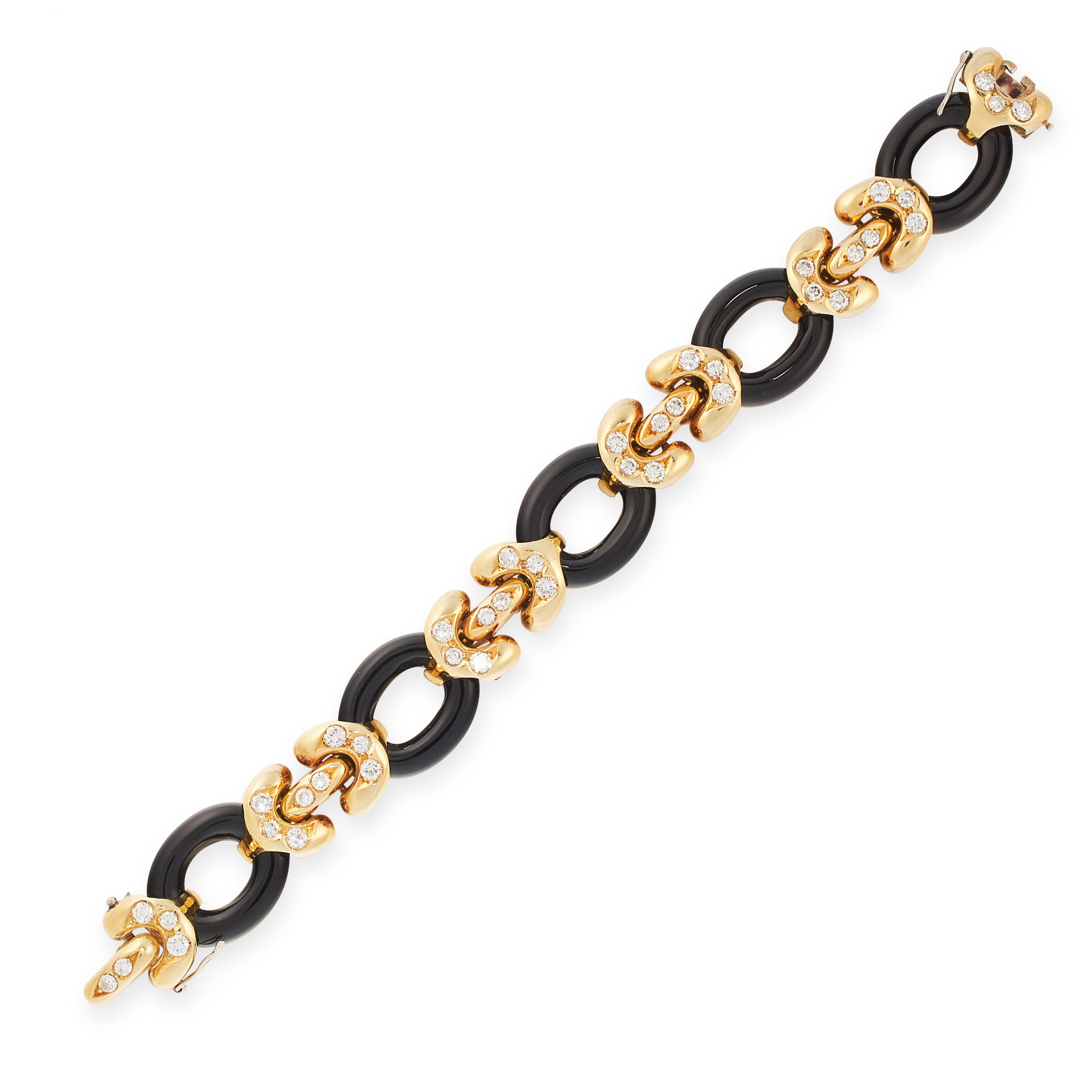 A VINTAGE ONYX AND DIAMOND BRACELET, CIRCA 1970 in 18ct yellow gold, formed of five polished oval