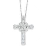 A DIAMOND CROSS PENDANT AND CHAIN in 18ct white gold, the cross set throughout with baguette cut and