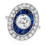 A DIAMOND AND SAPPHIRE DRESS RING in platinum, set with a central old cut diamond of 1.15 carats,