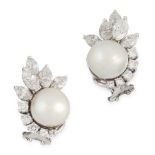 A PAIR OF NATURAL PEARL AND DIAMOND EARRINGS in 14ct white gold, each set with a pearl of 9.96 and