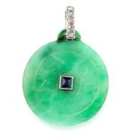 AN ART DECO NATURAL JADEITE JADE, SAPPHIRE AND DIAMOND PENDANT, CARTIER EARLY 20TH CENTURY the