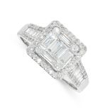 A DIAMOND DRESS RING in 18ct white gold, the face set with a cluster of round cut and baguette cut