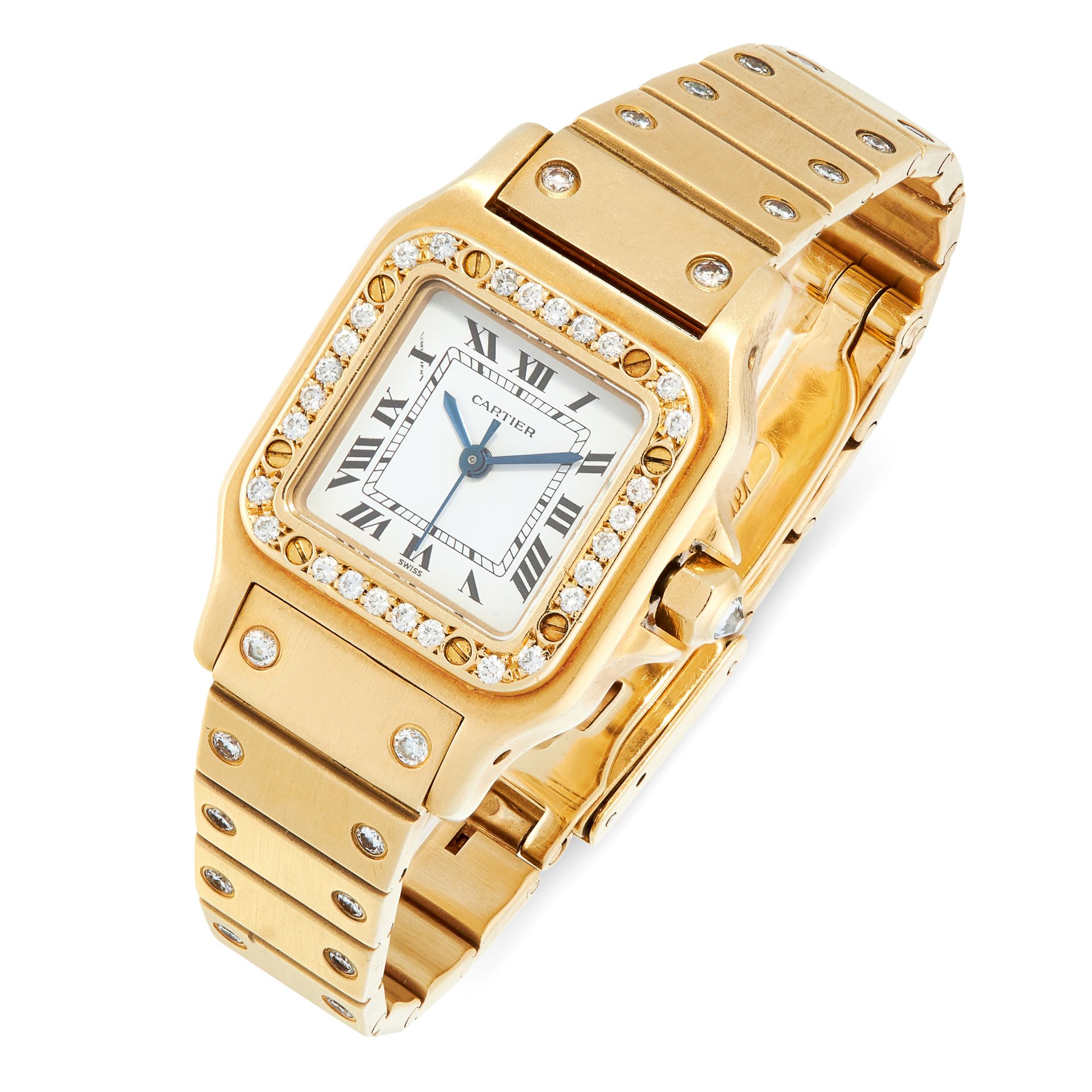 A LADIES SANTOS DIAMOND WRIST WATCH, CARTIER in 18ct yellow gold, the face with Roman numerals,