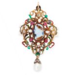 A FINE ANTIQUE PEARL, DIAMOND, RUBY AND ENAMEL CAMEO PENDANT, PROBABLY 16TH CENTURY in yellow