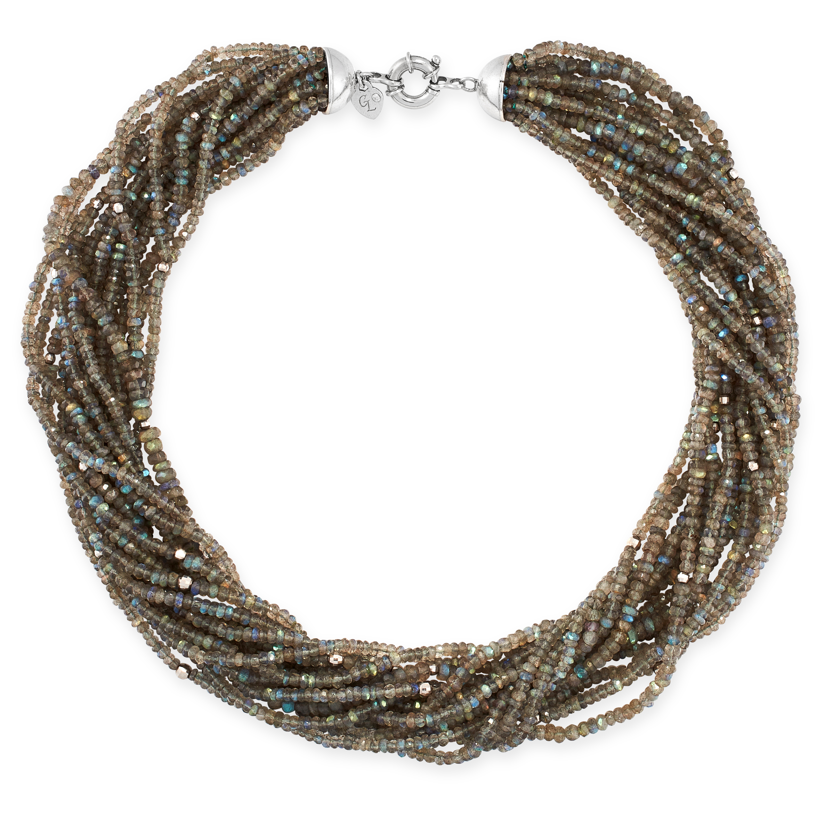 A LABRADORITE TORSADE NECKLACE comprising fifteen rows of graduated labradorite rondelle beads,