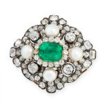 AN ANTIQUE EMERALD, PEARL AND DIAMOND BROOCH / PENDANT, 19TH CENTURY in high carat yellow gold and