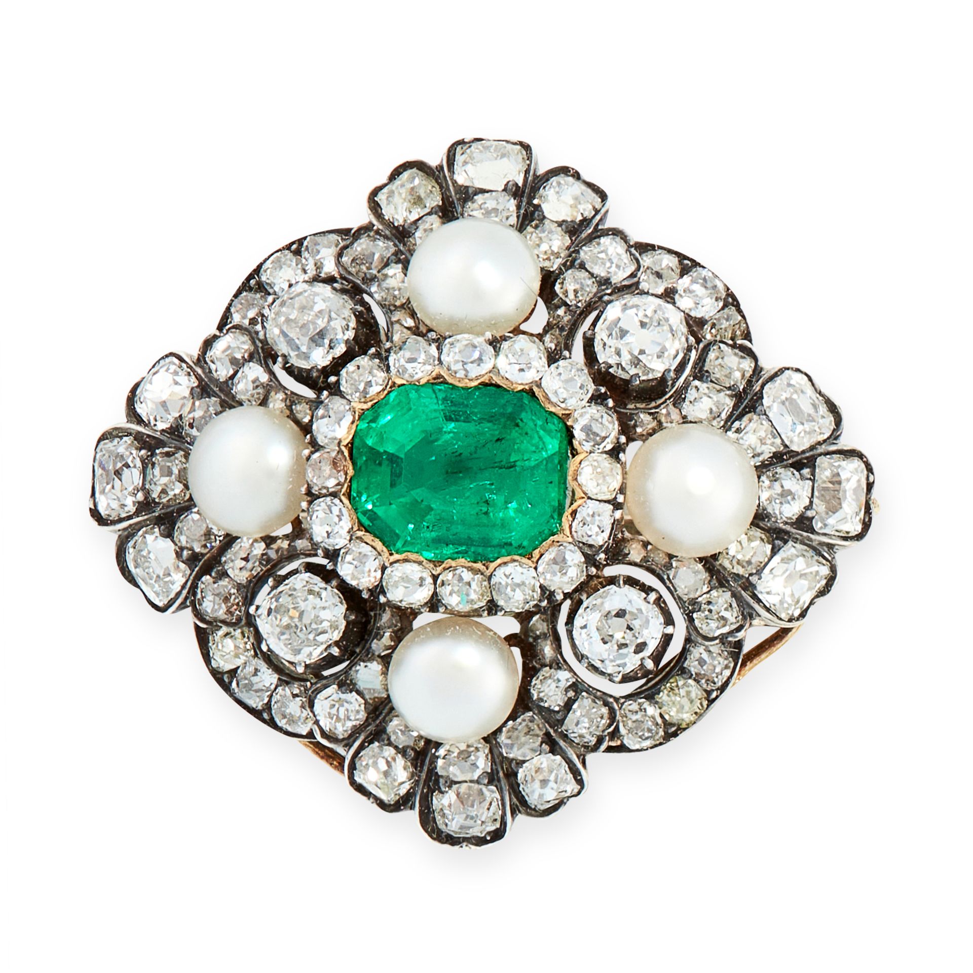 AN ANTIQUE EMERALD, PEARL AND DIAMOND BROOCH / PENDANT, 19TH CENTURY in high carat yellow gold and