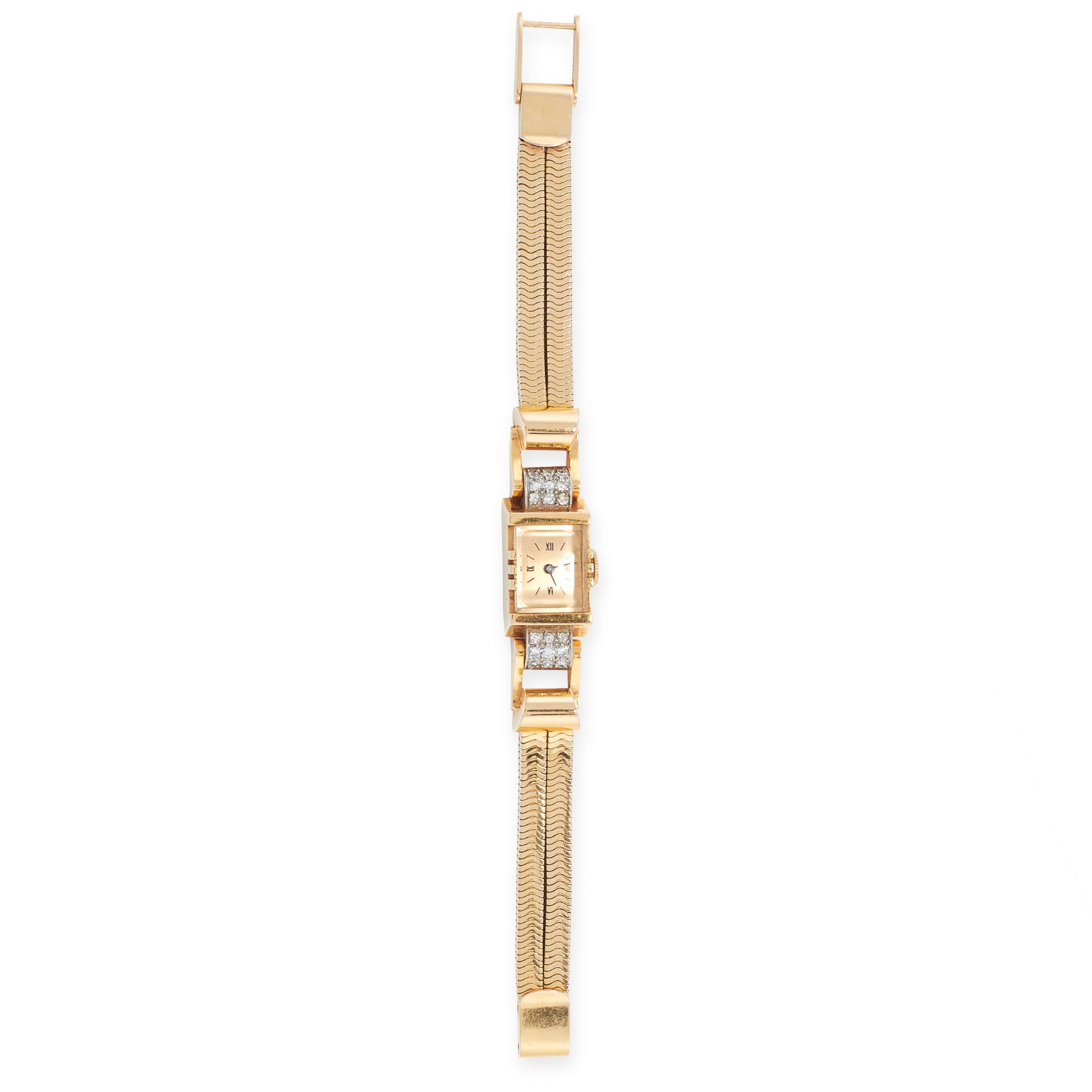 A VINTAGE DIAMOND COCKTAIL WATCH in 18ct yellow gold, the rectangular face accented by scrolls set