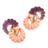 A PAIR OF VINTAGE CORAL, AMETHYST AND DIAMOND EARRINGS, BULGARI in 18ct yellow gold, each formed