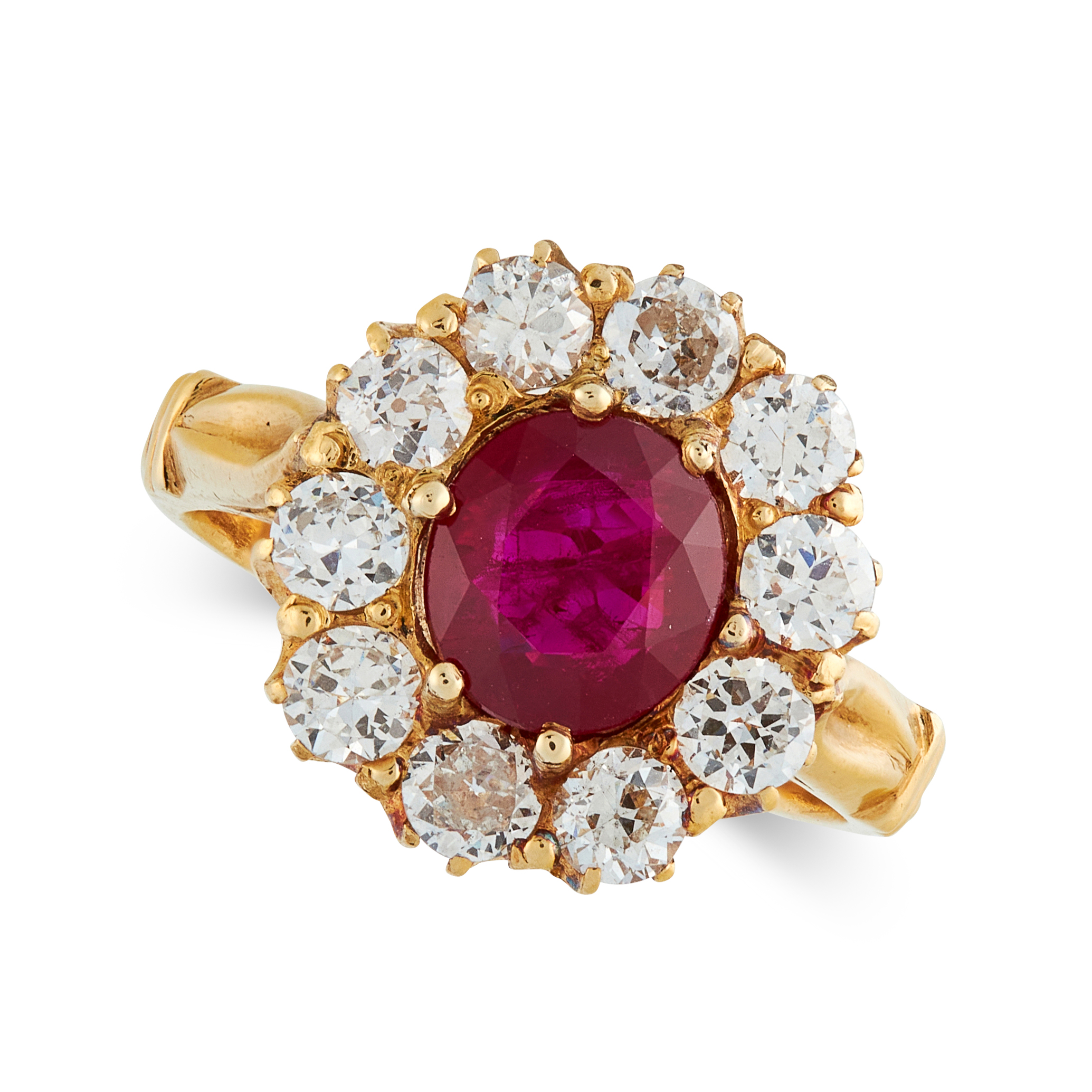 A VINTAGE RUBY AND DIAMOND DRESS RING, TIFFANY & CO in 18ct yellow gold, set with a cushion cut ruby