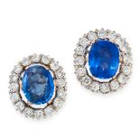 A PAIR OF CEYLON NO HEAT SAPPHIRE AND DIAMOND STUD EARRINGS each set with a cushion cut sapphire