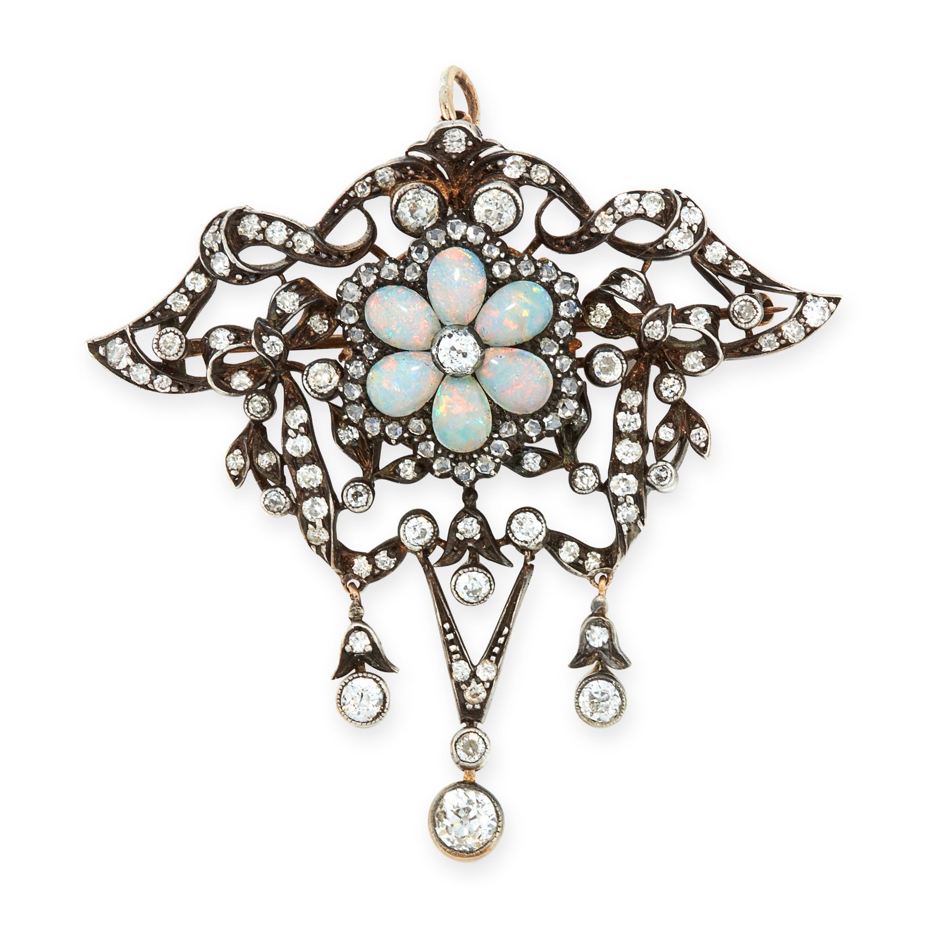AN ANTIQUE OPAL AND DIAMOND BROOCH / PENDANT, 19TH CENTURY in yellow gol and silver, set with six