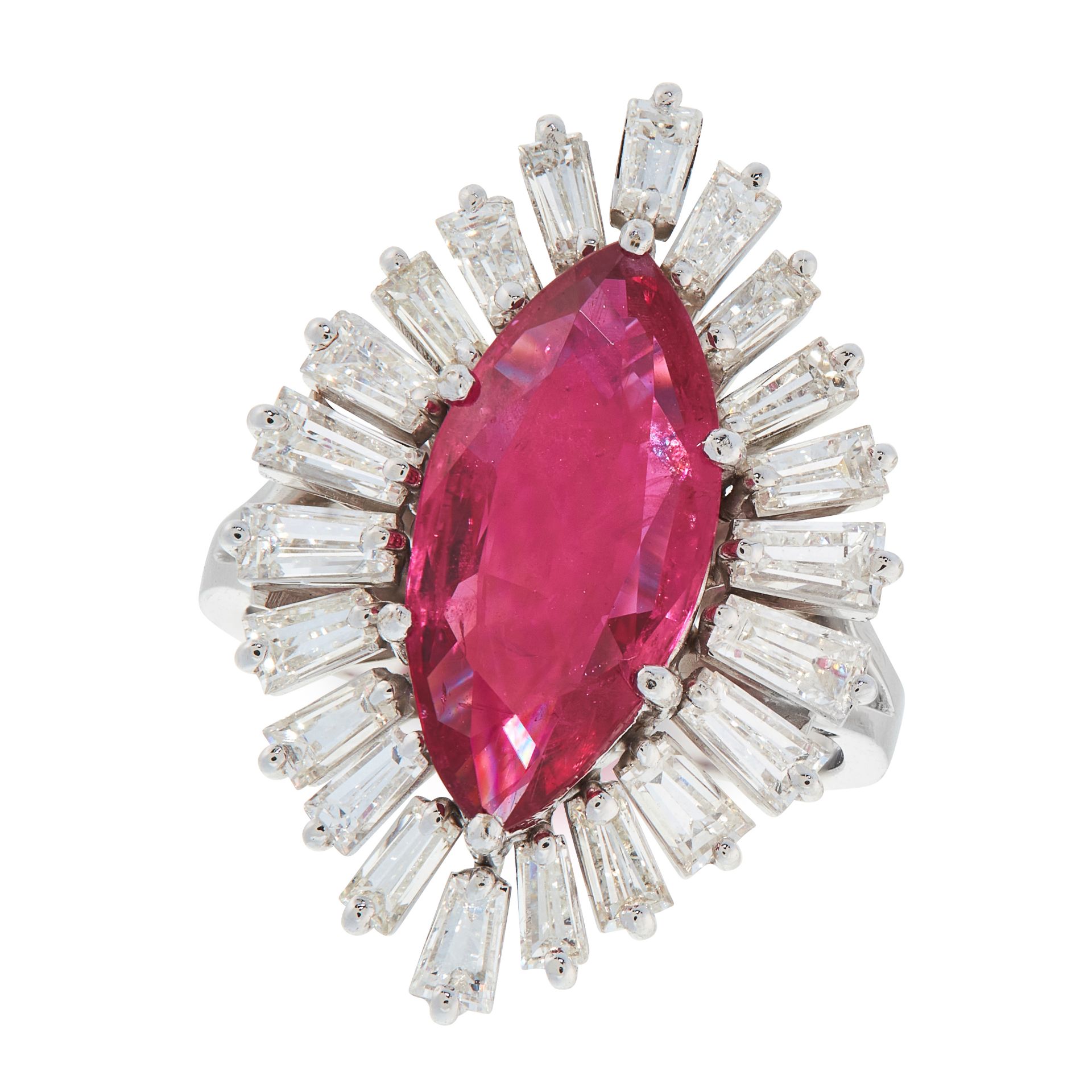 A RUBY AND DIAMOND DRESS RING in 18ct white gold, set with a marquise cut ruby of 4.02 carats in a