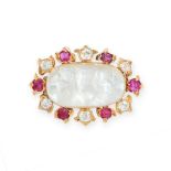 A FINE ANTIQUE MOONSTONE CAMEO, RUBY AND DIAMOND BROOCH, 19TH CENTURY in high carat yellow gold, set