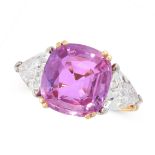 AN UNHEATED PINK SAPPHIRE AND DIAMOND DRESS RING in 18ct yellow gold, set with a cushion cut pink