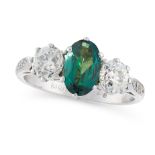 AN ALEXANDRITE AND DIAMOND DRESS RING in 18ct white gold, set with a central oval cut alexandrite of