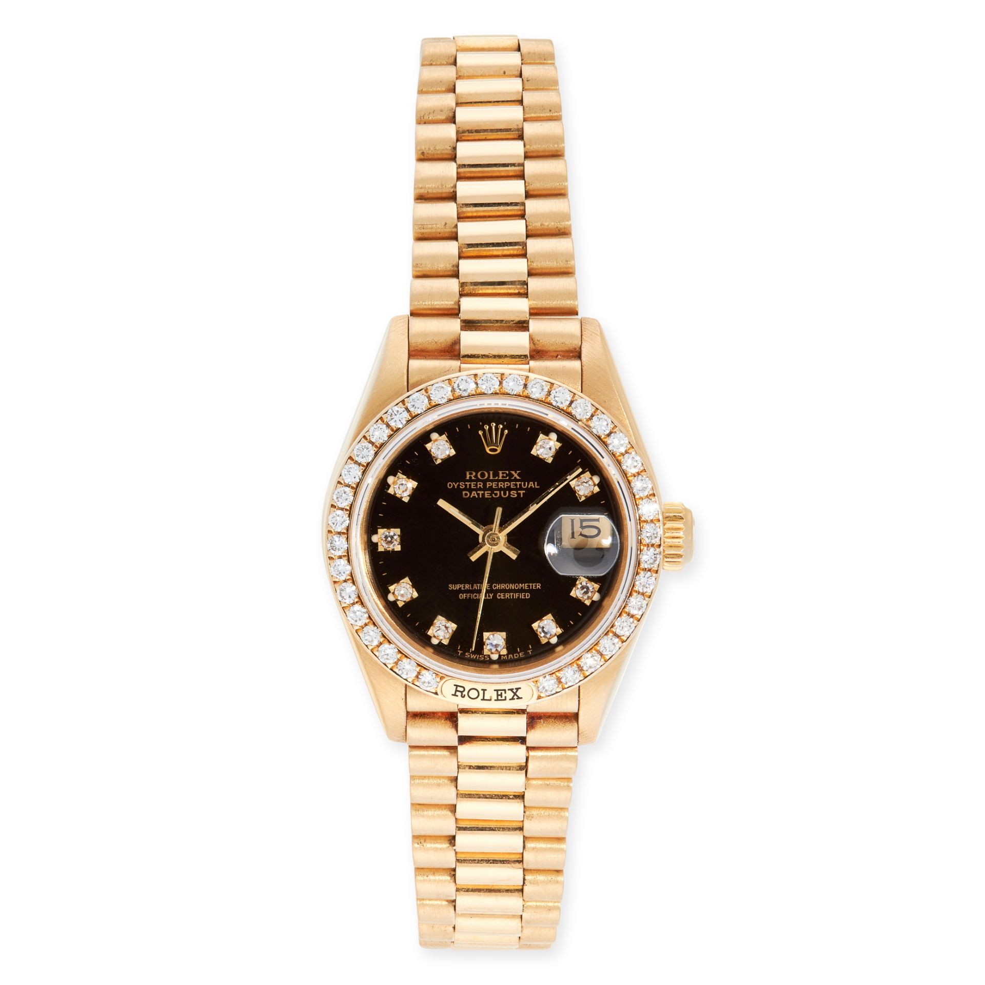 A LADIES OYSTER PERPETUAL DATEJUST DIAMOND WRIST WATCH, ROLEX in 18ct yellow gold, the circular face