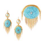 AN ANTIQUE TURQUOISE AND DIAMOND MOURNING LOCKET BROOCH AND EARRINGS SUITE, 19TH CENTURY in yellow