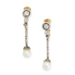 A PAIR OF NATURAL PEARL AND DIAMOND CLIP EARRINGS in yellow gold and silver, each set with a pearl