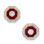 A PAIR OF DIAMOND AND RUBY STUD EARRINGS in 18ct white gold and yellow gold, each set with a round