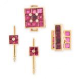 A RUBY AND DIAMOND DRESS SET, CHAUMET in 18ct yellow gold, comprising of a pair of cufflinks and a