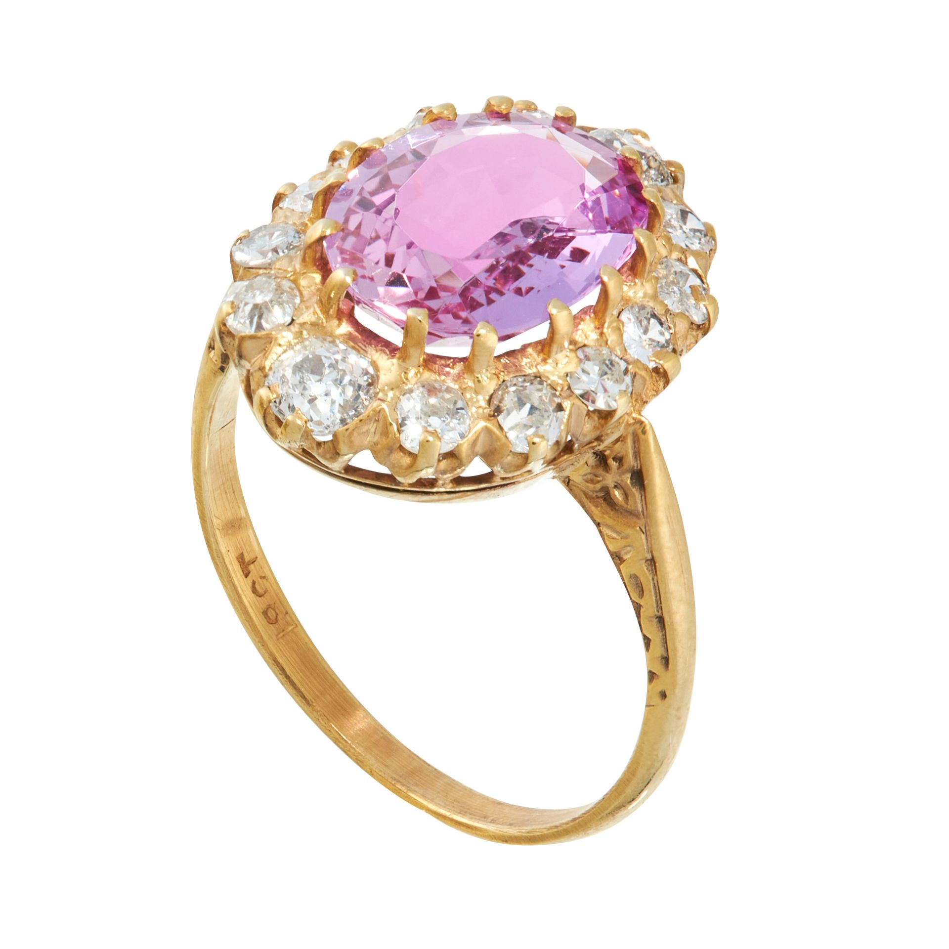 A PINK TOPAZ AND DIAMOND DRESS RING in 18ct yellow gold, set with an oval cut pink topaz of 2.75 - Image 2 of 2