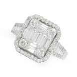 A DIAMOND DRESS RING in 18ct white gold, the face set with a cluster of round and baguette cut