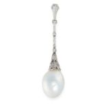 A NATURAL PEARL AND DIAMOND PENDANT in platinum, set with a drop shaped natural pearl of 14.1mm,