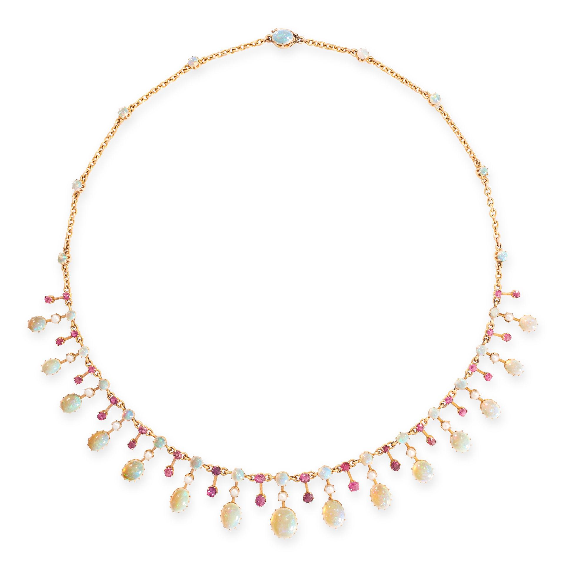 AN ANTIQUE OPAL, RUBY AND PEARL NECKLACE, 19TH CENTURY in yellow gold, designed as a graduated