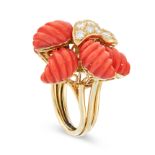 A VINTAGE CORAL AND DIAMOND COCKTAIL RING, CIRCA 1960 in high carat yellow gold, set with a series