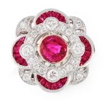 A BURMA NO HEAT RUBY AND DIAMOND DRESS RING in 18ct white gold, set with a round cut ruby of 1.19