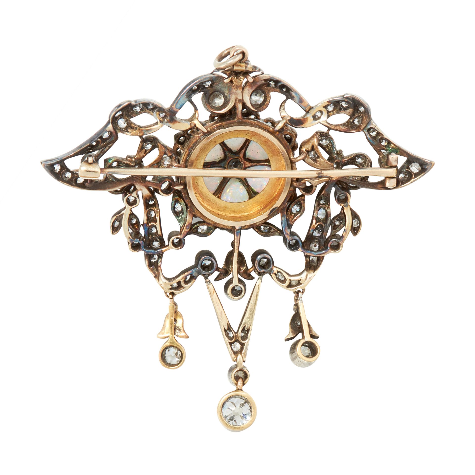 AN ANTIQUE OPAL AND DIAMOND BROOCH / PENDANT, 19TH CENTURY in yellow gol and silver, set with six - Image 2 of 2