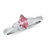 A FANCY VIVID PINK DIAMOND AND WHITE DIAMOND RING in platinum, set with a marquise cut fancy vivid