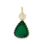 AN EMERALD AND DIAMOND PENDANT in high carat yellow gold, set with a pear cut emerald of 4.08