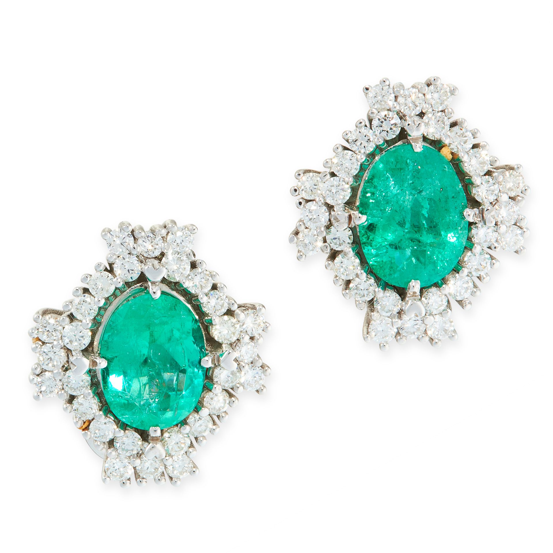 A PAIR OF COLOMBIAN EMERALD AND DIAMOND EARRINGS each set with an oval cut emerald of 2.39 and 2.