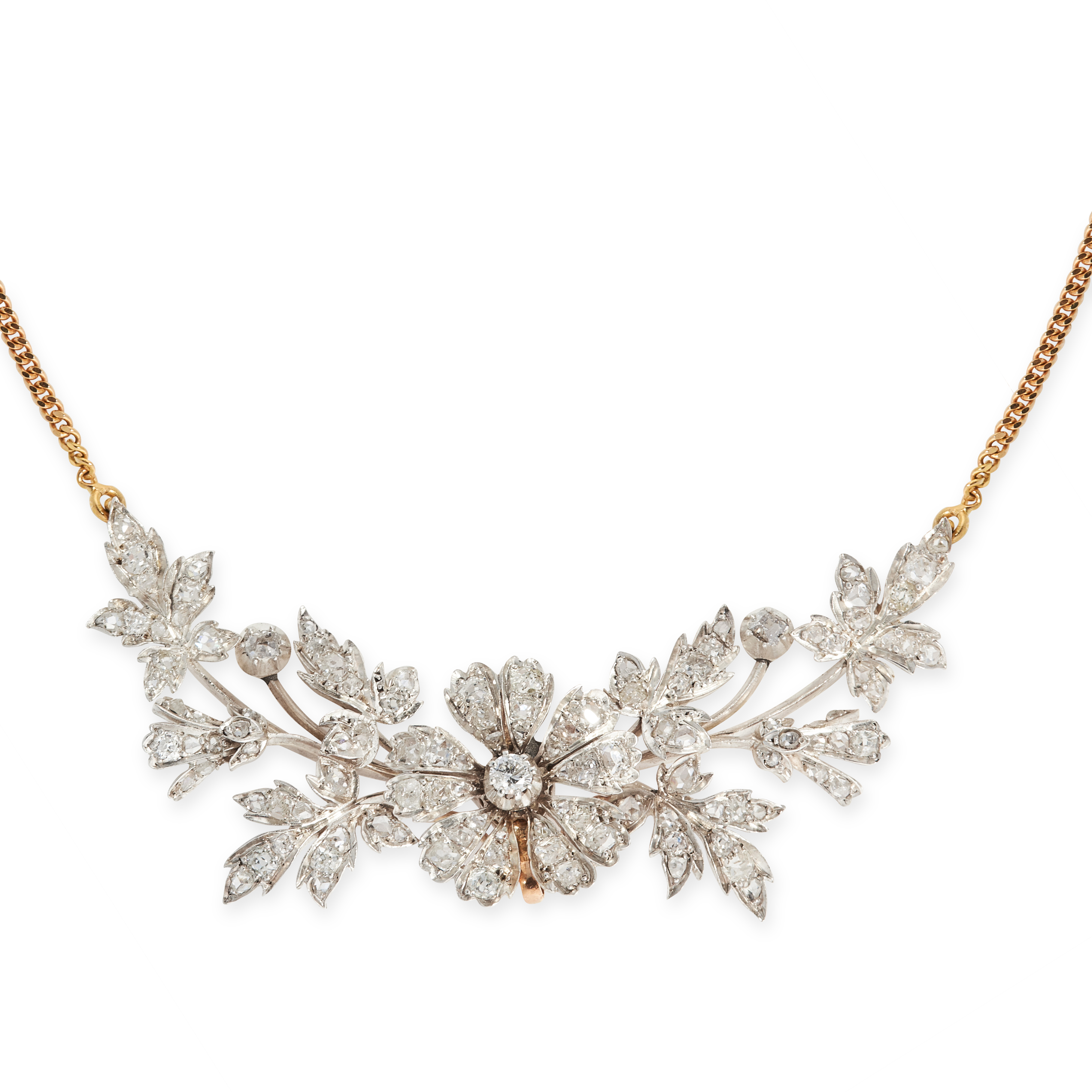 AN ANTIQUE DIAMOND NECKLACE in 18ct yellow gold and silver, designed as a flower accented by