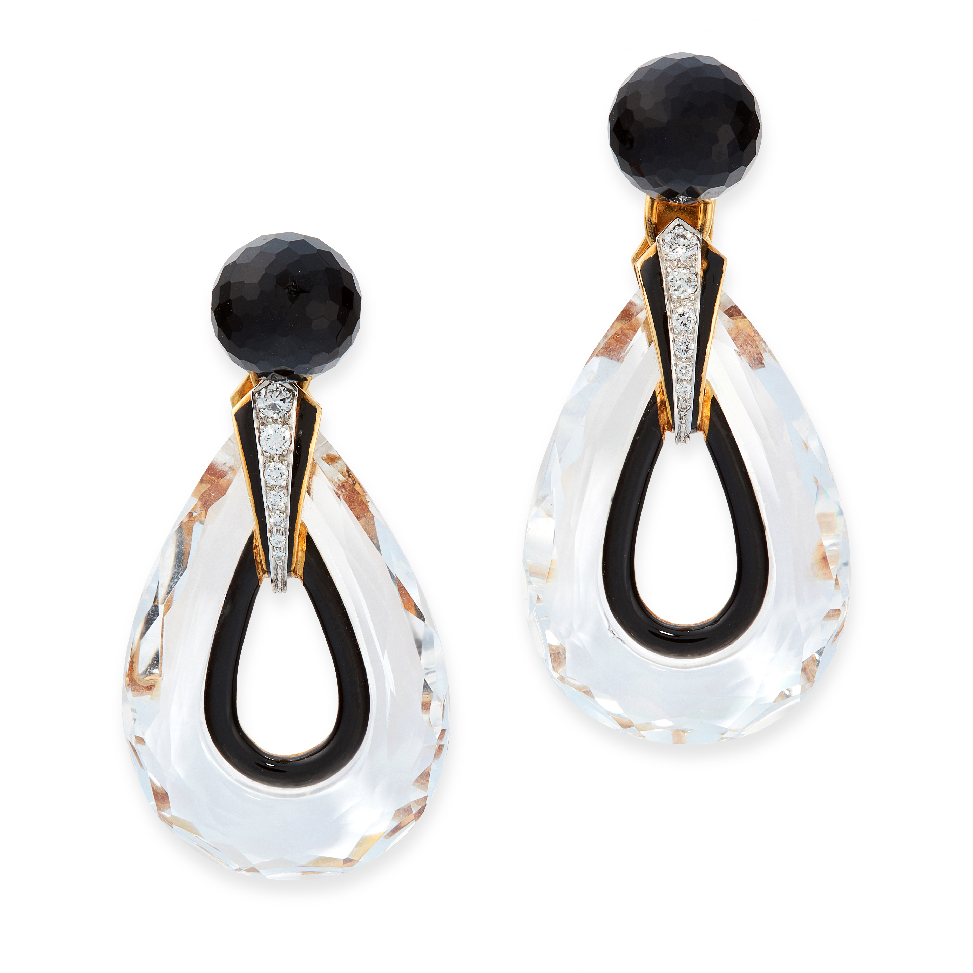 A PAIR OF VINTAGE ROCK CRYSTAL, ONYX, DIAMOND AND ENAMEL EARRINGS, DAVID WEBB in 18ct yellow gold