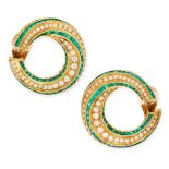 A PAIR OF VINTAGE EMERALD AND DIAMOND EARRINGS in high carat yellow gold, each designed as a