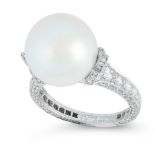 A PEARL AND DIAMOND RING, CARTIER in platinum, set with a cultured pearl of 12.9mm, between